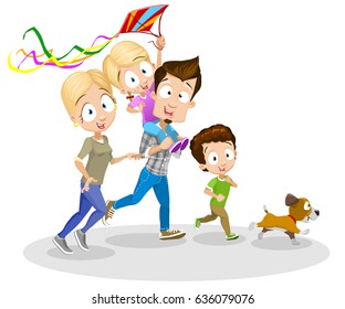 Vector cartoon illustration of happy family running with letting kite fly isolated on white background