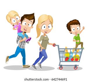 Vector Cartoon Illustration Of Happy Family With A Shopping Cart Running In Grocery Store Enjoying Sales. Isolated Over White Background.