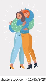 Vector cartoon illustration of Happy friendship day card with two diverse girl friends hugging and smiling together. Two friends hugs each otter. Adult daughter and mother are happy with each other