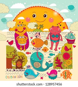 Vector cartoon illustration with happy frogs