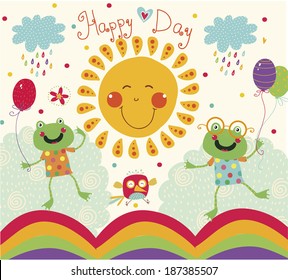Vector cartoon illustration with happy frogs, sun and bird. Happy Birthday card design