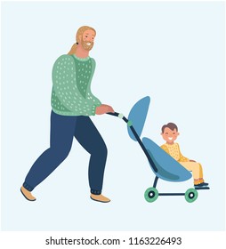 Vector cartoon illustration of happy funny father walking with boy child in a pram. Human characters on white background.