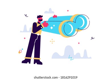 Vector cartoon illustration of Happy funny young smiling businessman looking through binocular. Character isolated on white background. Man with binoculars concept.