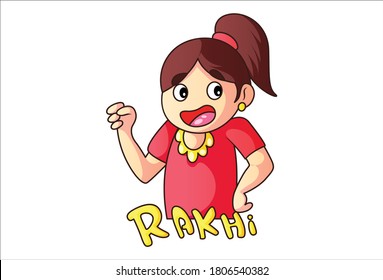 Vector cartoon illustration of a happy girl. Lettering text- Rakhi. Isolated on a white background.