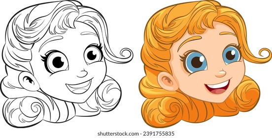 Vector cartoon illustration of a happy girl's head with an outline for coloring