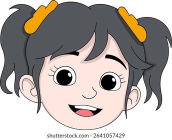 Vector cartoon illustration of a happy girls face with ponytails and orange hair clips. 