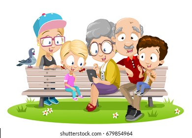 Vector cartoon illustration of happy grand parents with their grand children using tablet computer sitting at bench in park. Isolated on white background.