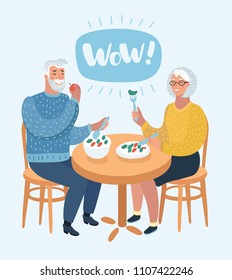 Vector cartoon illustration of Happy cartoon grandparents. An elderly couple are sitting in cafe and eating healthy tasty food. Wow speech bubble above. Human character on white background.