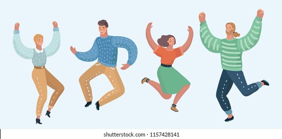 Vector cartoon illustration of Happy group of people jumping on a white background. The concept of friendship, healthy lifestyle, success. Different characters in modern style.