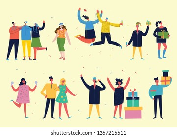 Vector cartoon illustration of Happy group of people celebrating, jumping on the party. The concept of friendship, healthy lifestyle, success, celebrating, party. Female and Male  flat characters 