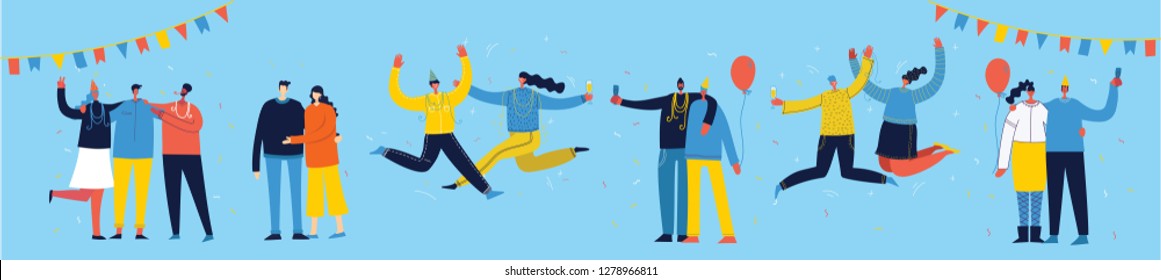 Vector cartoon illustration of Happy group of people celebrating, jumping on the party. The concept of friendship, healthy lifestyle, success, celebrating, party. Female and Male flat characters