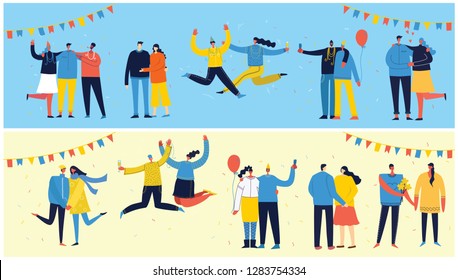 Vector cartoon illustration of Happy group of people celebrating, jumping on the party. The concept of friendship, healthy lifestyle, success, celebrating, party. Female and Male flat characters 