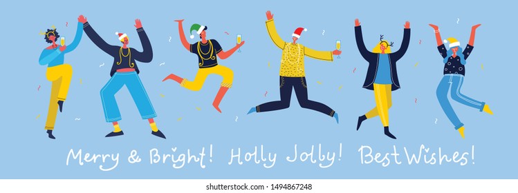 Vector cartoon illustration of Happy group of people celebrating, jumping on the Christmas and New year party. The concept of friendship, healthy lifestyle, success, celebrating, party. 