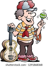 Vector Cartoon illustration of a Happy Guitar Music Player