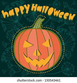 Vector cartoon illustration "Happy Halloween" with funny pumpkin.