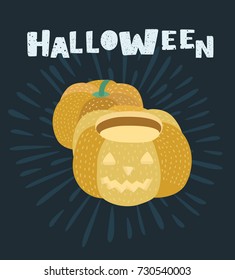 Vector cartoon illustration of Happy halloween. Vector illustration of pair a pumpkin. Dark background and hand drawn lettering