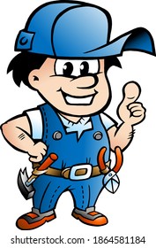 Vector Cartoon illustration of an happy Handyman standing with his tools