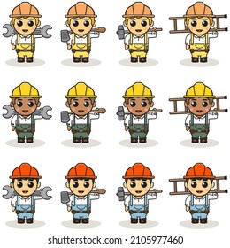 Vector Cartoon illustration of an happy Handyman with wrench, axe, hammer and ladder. Boy Construction Workers with Professional Tools Set. Children's illustration. Flat Cartoon Style.