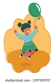 Vector cartoon illustration of happy jumping little girl with air balloon in her hands.