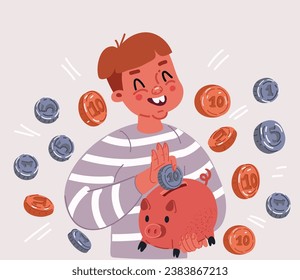 Vector cartoon Illustration of happy kid holding piggy bank