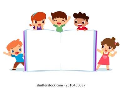 Ilustração de desenho animado vetorial de crianças felizes com grande livro aberto em branco.