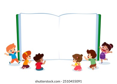 Vector cartoon illustration of Happy kids in front of big blank open book and looking at it.