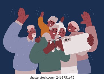 Vector cartoon illustration of Happy large black family portrait. Father, mother, grandmother, grandfather, sons, daughters over dark background