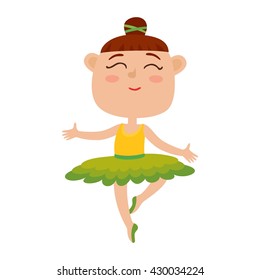 Vector cartoon illustration of happy little girl dancer. Cute ballet dancer girl dancing in green tutu and pointe shoes isolated on white background.