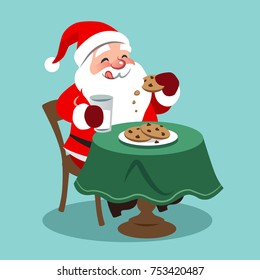 Vector cartoon illustration of happy looking Santa Claus sitting at table and eating cookies with milk, in contemporary flat style, isolated on aqua blue background. Christmas themed design element.