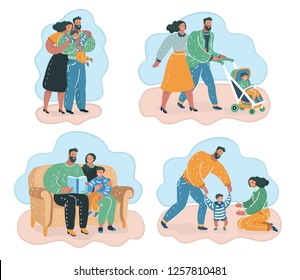 Vector cartoon illustration of happy loving family. Mother, father and children smiling, hugging, kissing and playing. Collection of cute and funny flat cartoon characters in different situations.