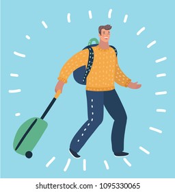 Vector cartoon illustration of Happy Man walking with suitcase. Travel bag with wheels. Holiday or weekend.