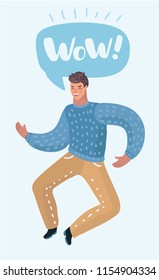 Vector cartoon illustration of Happy man is jumping. Speech bubble with wow words above her. Human characters on white background.