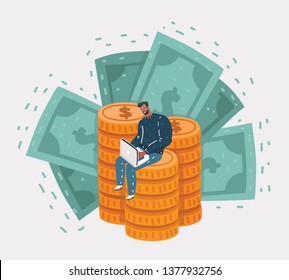 Vector cartoon illustration of Happy man sitting on coins and banknotes with laptop. Work and job succes concept.