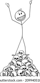 Dibujo vectorial de hombre feliz o ganador celebrando sobre el montón o montón de cráneos humanos. Concepto de victoria y derrota.