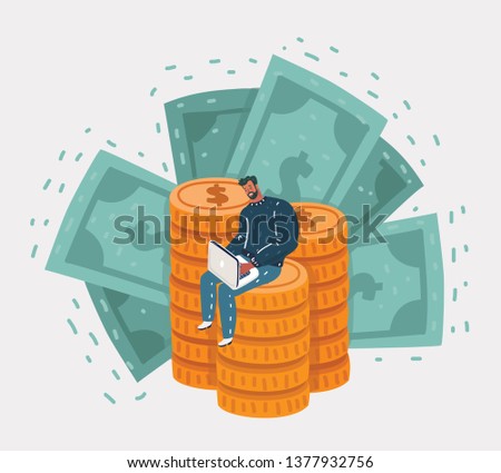 Vector cartoon illustration of Happy man sitting on coins and banknotes with laptop. Work and job succes concept.