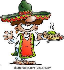 Vector Cartoon illustration of a Happy Mexican standing with some Tarco Food