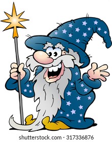 Vector Cartoon illustration of a Happy Old Wizard Magic Man