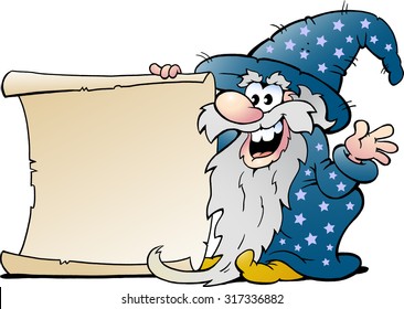 Vector Cartoon illustration of a Happy Old Wizard Magic Man holding a Roll of Paper