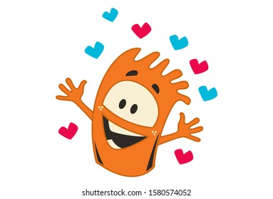 Vector cartoon illustration of happy orange monster with hearts. Isolated on white background.