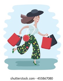 Vector cartoon illustration of happy pretty woman in hat turning on, carrying a lot of fashion bags after a shopping trip,bright smile, stylish outfit