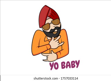 Vector cartoon illustration of happy Punjabi man wearing sunglasses. Lettering text- yo baby. Isolated on white background.