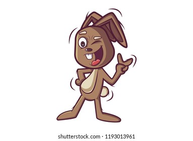 Vector cartoon illustration of happy rabbit with victory sign. Isolated on white background. 