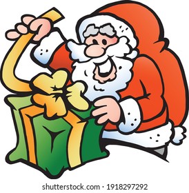 Vector Cartoon illustration of an happy Santa Claus wraps a Gift