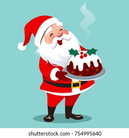 Vector cartoon illustration of happy Santa Claus standing holding traditional English Christmas fruit cake on a platter, isolated on aqua. Cristmas theme design element in flat contemporary style.