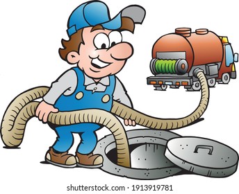 Vector Cartoon illustration of a Happy Sewer Master, Vacuum Truck