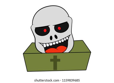 Vector cartoon illustration of happy skull on coffin box. Isolated on white background. 