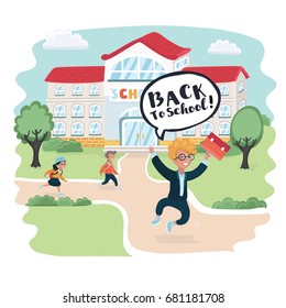 Vector cartoon illustration of happy smart boy jump, school building behind. Welcome back to school! Cute school kids. Bubble speech