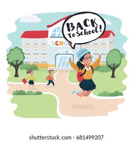 Vector cartoon illustration of happy smart girl jump, school building behind. Welcome back to school Bubble speech Happy little kids with bags and books