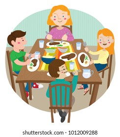 Vector cartoon illustration of happy and smiling Caucasian family of four gathered around dinner table