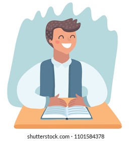 Vector cartoon illustration of Happy smiling little school boy character studying thinking and going to read his book at the table.